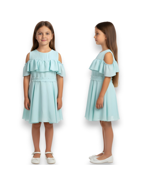 SUKIENKA WIZYTOWA mięta odkryte ramiona PERŁY falbany