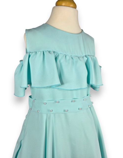 SUKIENKA WIZYTOWA mięta odkryte ramiona PERŁY falbany