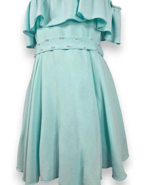 SUKIENKA WIZYTOWA mięta odkryte ramiona PERŁY falbany