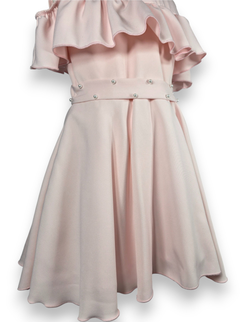 SUKIENKA WIZYTOWA pudrowy róż COLD SHOULDER perły