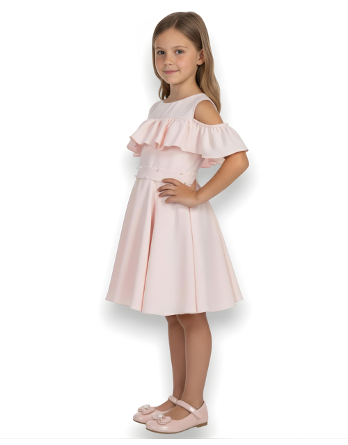 SUKIENKA WIZYTOWA pudrowy róż COLD SHOULDER perły